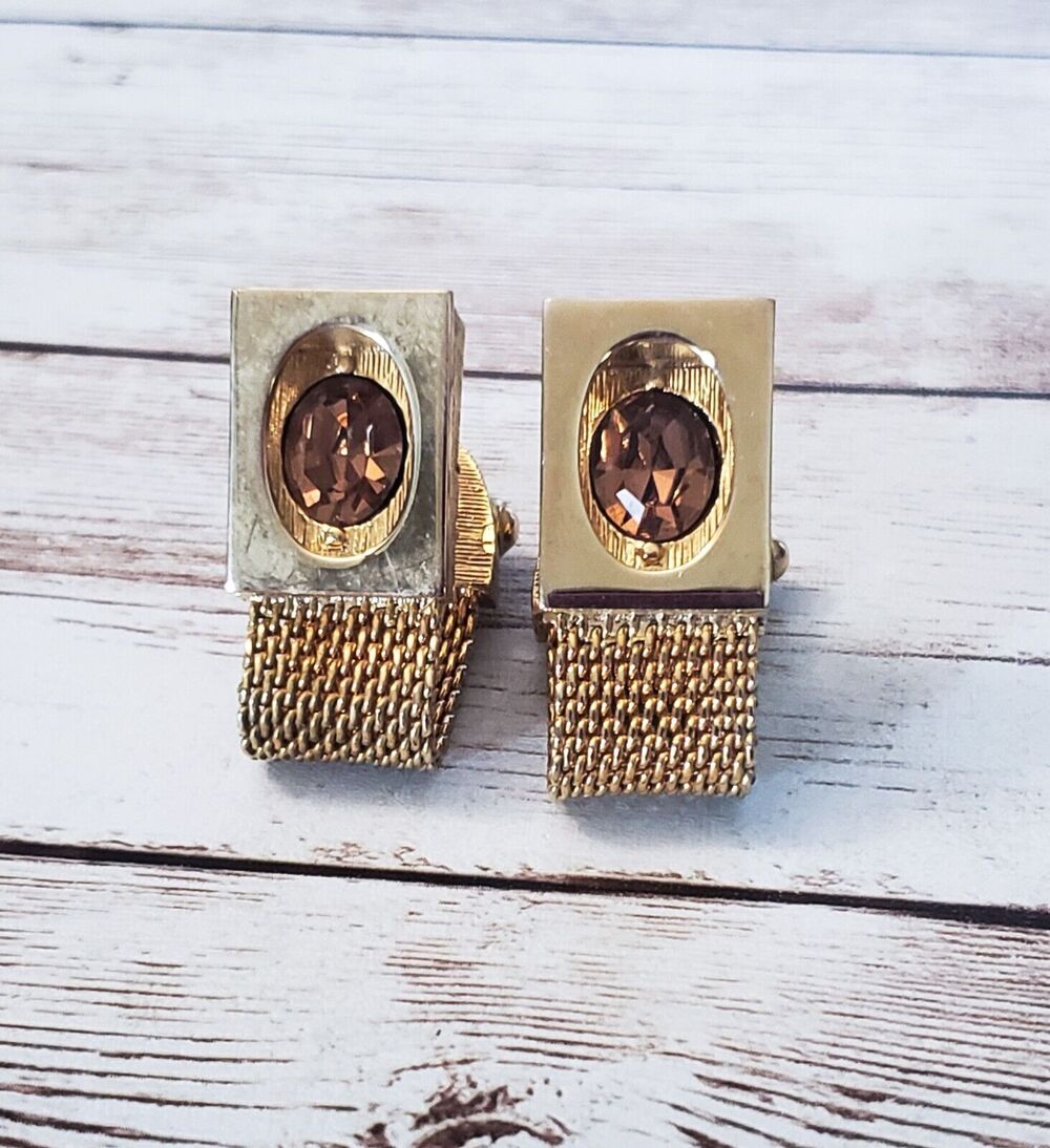 Vintage Cufflinks - Gold Tone & Amber Tone Gem
